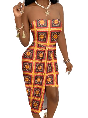 Image of Umenlele Women's Strapless Ruched High Waist Wrap Split Asymmetrical Beach Maxi Long Dress