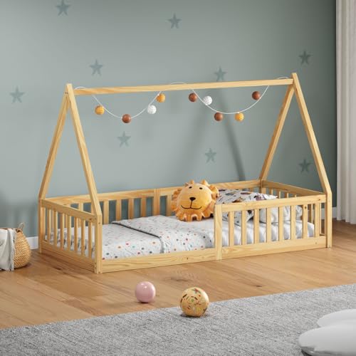 IDIMEX Cama Montessoriana Cabana Infantil Solteiro 88x188 Madeira Casinha de Chão Nicolas cor Natural com grade