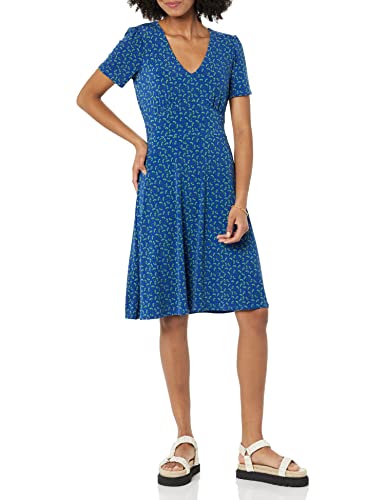 Image of Amazon Essentials Women's Short Sleeve V-Neck Gathered Flattering Fit and Flare Dress