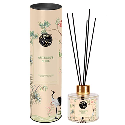 Soul & Scents 50ml Autumns Soul Reed Diffuser Set | Fragrance of Morrocon Rose, Honey & Sandalwood | Get 5 Rattan Reed Sticks | Smoke Less Room Freshener for Home, Bedroom, Living Room & Office