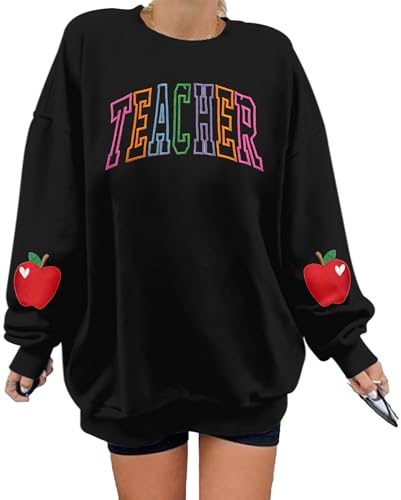 BANGELY Teacher Sweatshirt Women Oversized Retro Teach Crewneck Shirt Embroidery Teacher Life Pullover Long Sleeve Tops Black