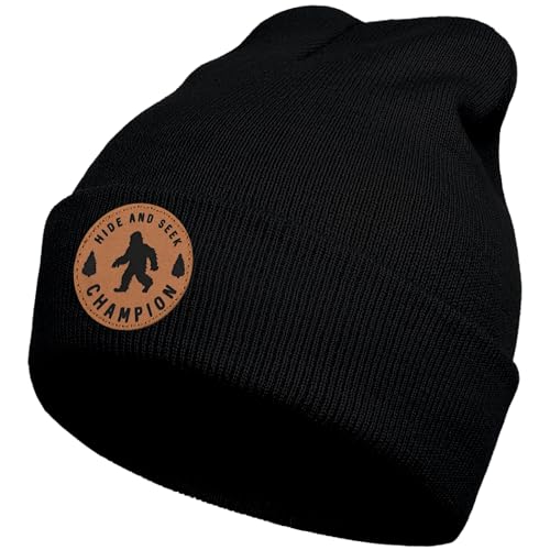 Image of Big Foot Beanie Hat, Sasquatch Leather Patch Winter Knit Skull Cap Bigfoot Gifts for Adult Men Women