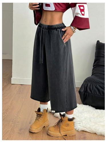 Women's Drawstring Waist Workout Sweat Shorts Wide Leg Baggy Washed Cropped Pants with Pockets2