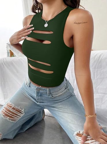 Image of LovelyWholesale Women Sexy Cut Out Crop Tank Tops Crew Neck Summer Sleeveless Top