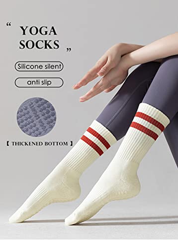 Pilates Socks for Women 5 Pairs - Non Slip Grip Socks with Terry Thick Cushioned Sole - Ideal for Yoga, Barre, Gym Workouts Sweat-absorbent Stockings Cotton3