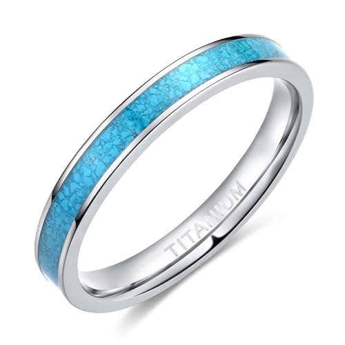 TIGRADE 3MM Titanium Ring Blue Turquoise Engagement Wedding Band for Woman Size 3-13