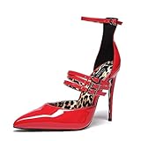  GIARO Venom High Heels Sandale, Stiletto Sandalette mit Leopard Design, Riemen und 12cm Absatz, Sexy Schuh für Damen, Pumps für Party und Alltag, Damenschuh Kunstleder in Größe 38, Rot Glänzend