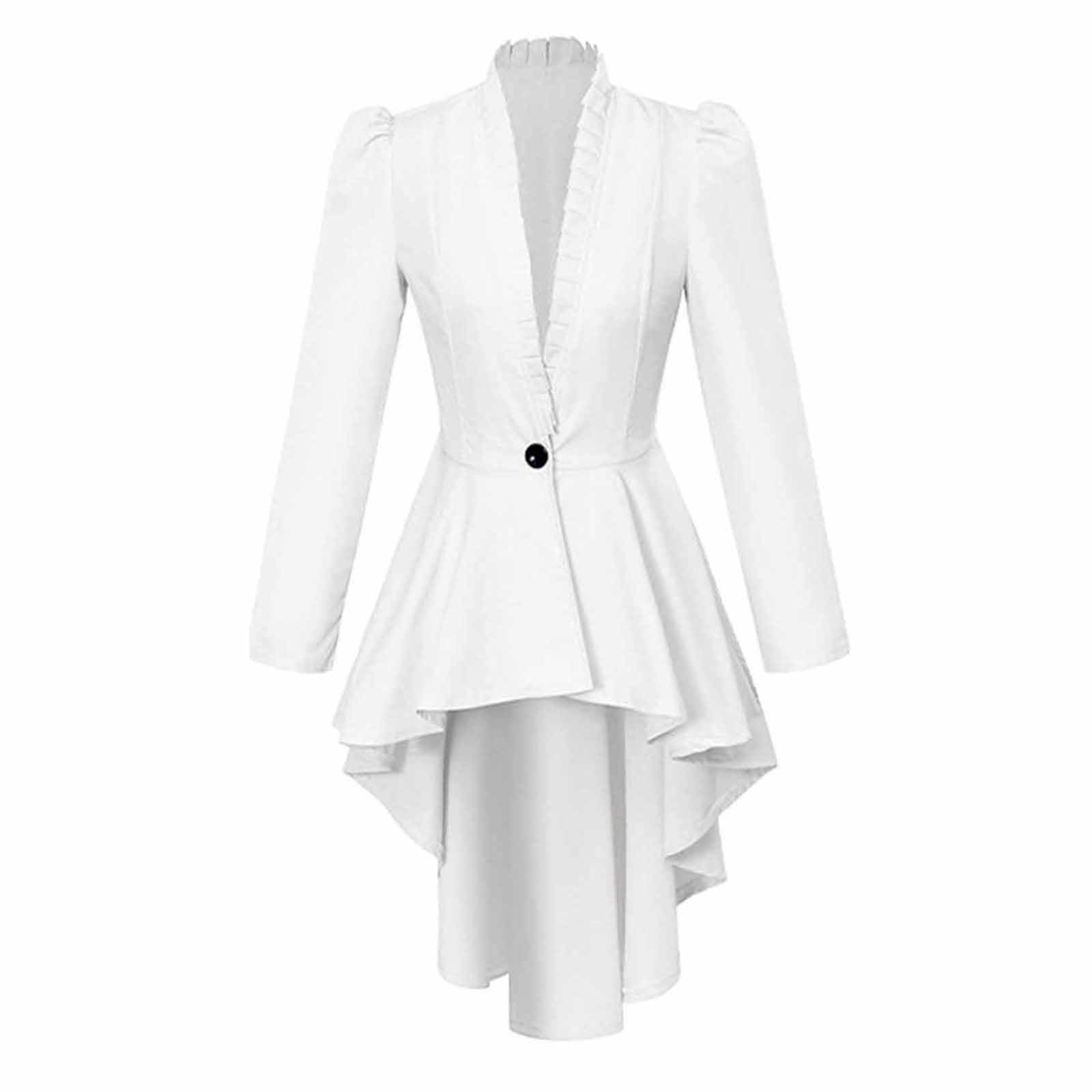 Eauptffy Women's Steampunk Victorian Jacket Coat Medieval Vintage Gothic Tailcoat Renaissance Pirate Coat Halloween Punk Clothing Baroque Costume Long Sleeve Tuxedo Shirt, O White, XS