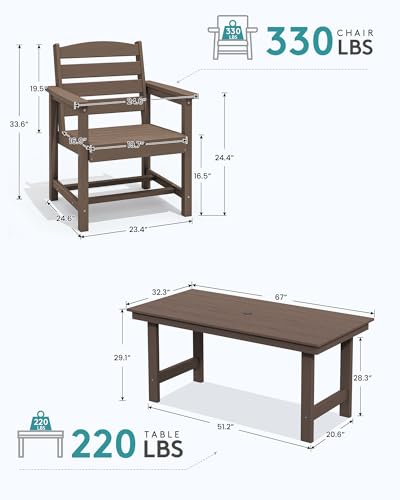 Image of SERWALL 7 Pcs Outdoor Dining Set, 1 Umbrella Hole Table & 6 Chairs, Coffee | HDPE Outdoor Dining Furniture with Rectangular Table & 6 Chairs, All-Weather Resistant SERWALL Dining Set for 6