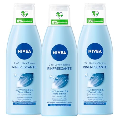 Nivea Leche limpiadora y tónico 2 en 1 elimina el maquillaje y las impurezas, efecto refrescante con agua purificada y flor de loto sagrada para todo tipo de pieles, 3 botellas de 200 ml