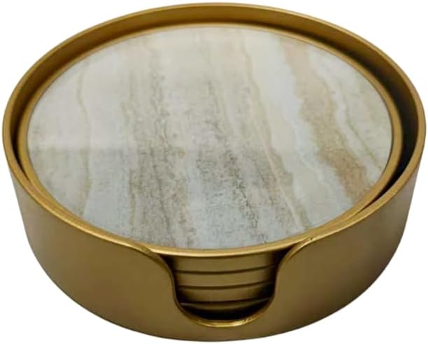 Gold Marble Effect Coasters with Gold Holder (11cm) - Set of 4 Absorbent Anti-Slip for Tea Cups, Coffe Mugs or Wine Glass - Luxury Interiors by Rowen Homes