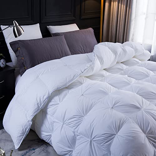 Three Geese Pinch Pleat Waterfowl Feathers and Down Comforter Palatial King Size Duvet Insert,750+ Fill Power,1200TC 100% Cotton, Premium All Seasons White Warm Hotel Comforter with 8 Tabs.
