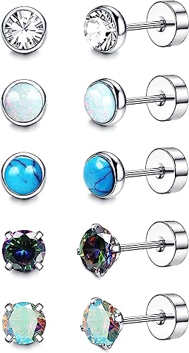 JeweBella 5 par titanörhängen för kvinnor flickor G23, titan, liten zirkon, opal, månsten, turkos, svarta, onyx, örhängen, allergivänliga, stiftörhängen, platt set, Titan