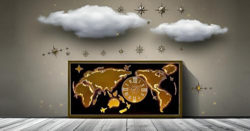 Image of METSYMetal Laser Cut (World Map with Analogue Clock) Wall Hanging Gold World map (Black & gold 5 * 2.5) gold lightening black and golden map wall decor for living room