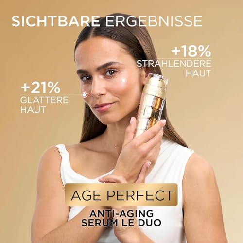 L'Oréal Paris Age Perfect Serum Le Duo – Anti-Aging Pflege, mit Kollagen Peptid, Vitamin B3 und CG, glättend und gegen 10 Zeichen der Hautalterung, revitalisierendes 2 in 1 Gesichtsserum, 1 x 30 ml