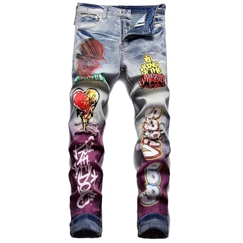 Men's Washed Printed Ripped Denim Jeans