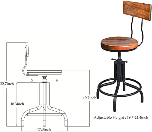 Topower American Industrial Antique Design Adjustable Height Kitchen Dining Breakfast Chair Metal Bar Stool with Backrest Fully Welded Set of 2 (Wooden Top)
