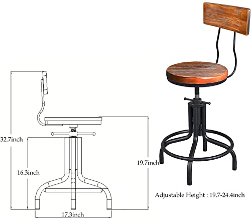 Topower American Industrial Antique Design Adjustable Height Kitchen Dining Breakfast Chair Metal Bar Stool With Backrest Fully Welded Set Of 2 (Brown Wood) #TOP2