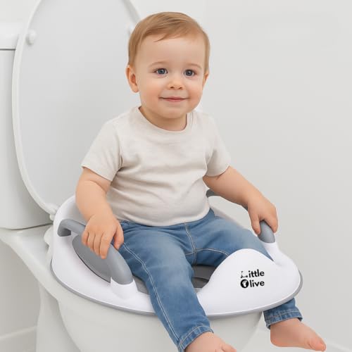 Image of Little Olive Baby Potty Seat with Backrest and Splash Guard | Soft Padded Toilet Trainer for Kids | Ergonomic Non Slip Portable Potty Training Seat for Toddlers Grey