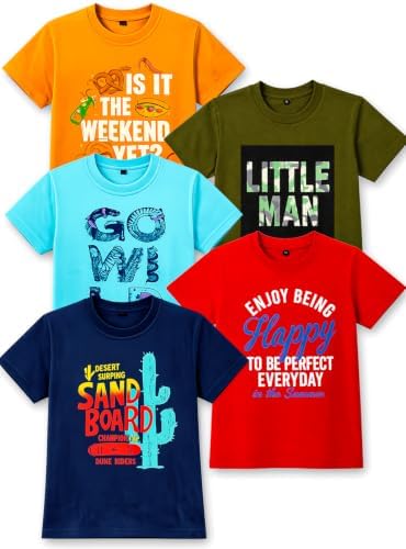 T2F Boy's Cotton Printed Regular Fit T-Shirt(Pack of 5)
