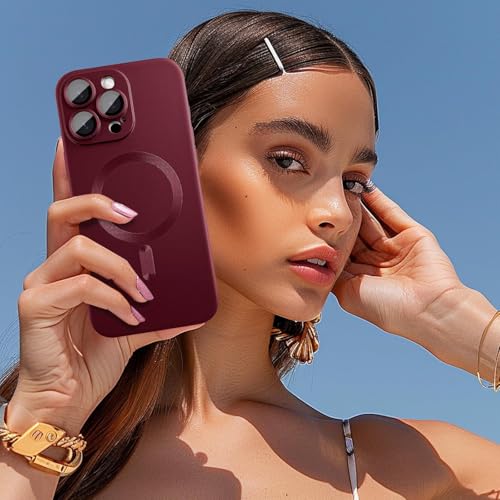 Image of DIZORO Magnetic Case for iPhone 16 Pro Case [Compatible with MagSafe][Built-in Camera Lens Protector] Slim Soft Silicone Bumper Shockproof Metallic Luster Back Cover Phone Case - Wine Red