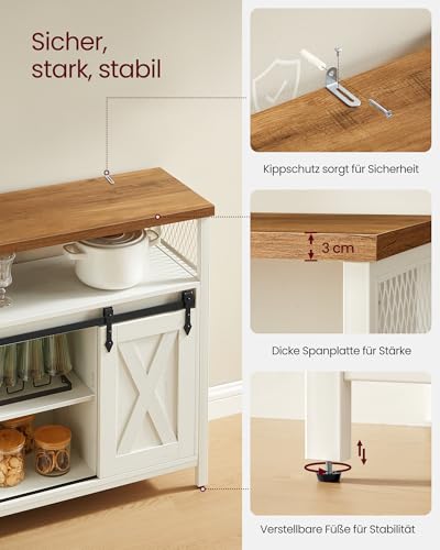 VASAGLE Sideboard, Küchenschrank, Aufbewahrungsschrank, mit 2 Schiebetüren, 33 x 100 x 80 cm, verstellbare Ablagen, für Wohnzimmer, wolkenweiß-honigbraun LSC092W01