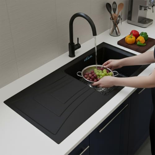 Image of ARQUIN Kitchen Sink 36x18x9 Inch Quartz Sink with Drain Board Black Granite sink for kitchen basin,UV Protected, Undermount | Topmount Including Coupling, Waste Pipe & Strainer Basket