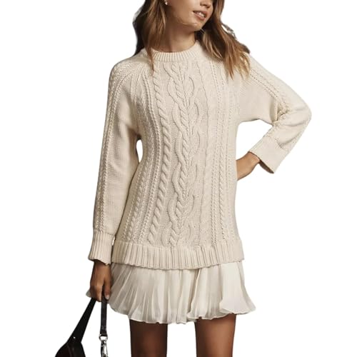 Women Crewneck Cable Knit Sweater Mini Dress, Causal Twofer Style Patchwork Long Sleeve Sweater Dress