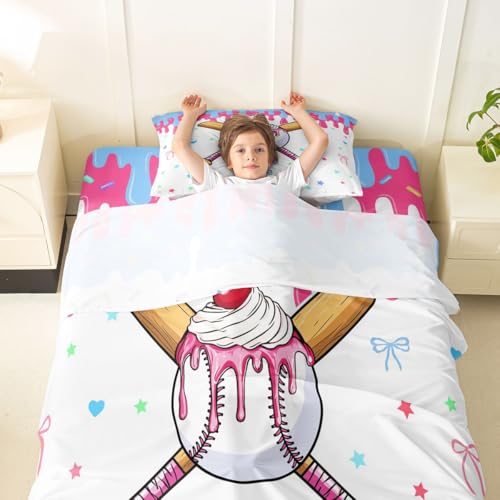 Image of Castle Fairy Baseball Cream Bed Sheets Twin Size,Ball Gaming Sweet Bowknot Easy Wash Bedding Set,Cute Sport Style Kids Room Decor,Pink Bule White Sheet(Fitted+Flat+1 Pillowcase)