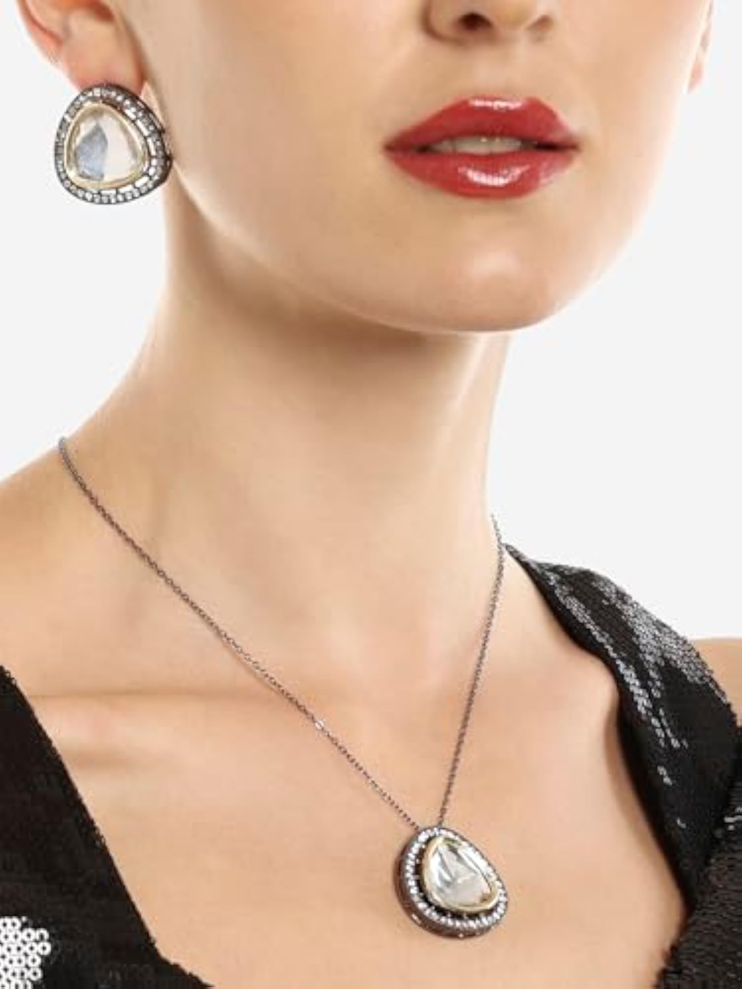 Women's Two Tone Austrian Diamonds Pendant With Chain & Earring Set
