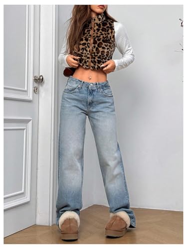 Women's Y2k Leopard Print Cropped Vest Jacket Zip Up Fuzzy Sleeveless Cheetah Outwear3