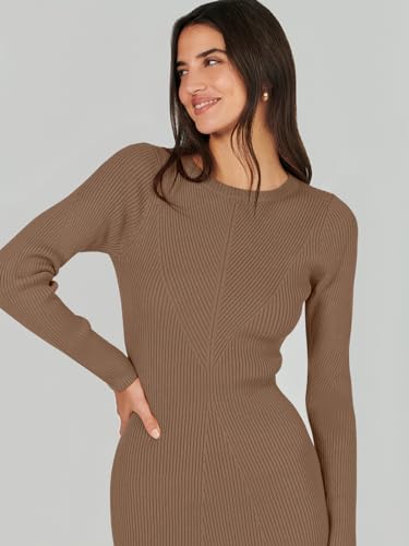 Image of ANRABESS Women Long Sleeve Sweater Dress Crewneck Bodycon Stretch Slim Fit Ribbed Knit Midi Dresses 2025 Fall Trendy Outfits Brown X-Large