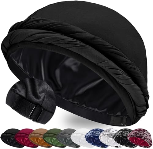 Ababalaya Adjustable Satin Lined Halo Turban Durag for Men &Women, Sleeping Bonnet, Beanie Hats, PRE-Tied Headwraps for Hair Loss Black