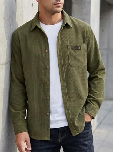 Image of IndoPrimo Men's Corduroy Shirt | Premium Ribbed Full Sleeve Casual Overshirt | Button-Down Solid Shirt with Chest Pocket | Regular Fit