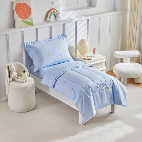 Image of DuShow Cotton Toddler Bedding Set,4 Piece Toddler Bed Comforter Sets, Blue Fish Pattern for Kids Boys and Girls,Includes Quilted Comforter,Fitted Sheet,Top Sheet,and Pillow Case
