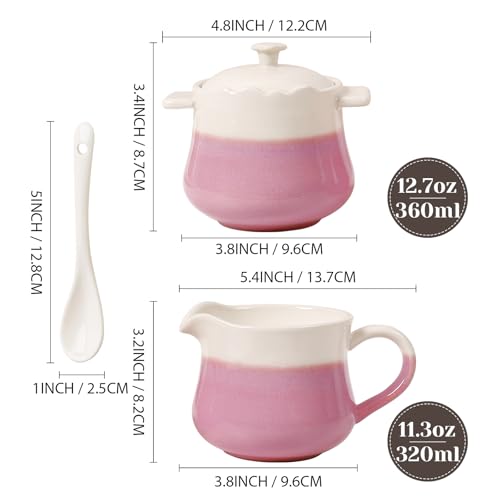 INGOFIN Ceramic Sugar and Creamer Set with Spoon, 3-Piece French Style Cream Pitcher and Sugar Bowl with Lid, Coffee and Tea Serving Set for Home Kitchen, Microwave & Dishwasher Safe, Pink and Beige
