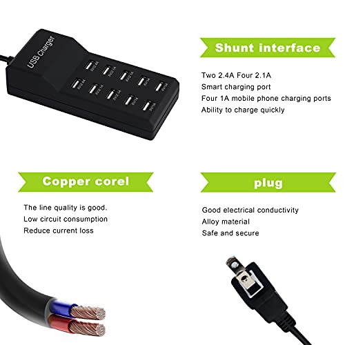 Wyssay 50W USB Charging Station with 10-Port Family-Sized Smart USB Ports for Multiple Devices - Smart Phone, Tablet, Laptop Computer - for iPhone 15/14/13 Black