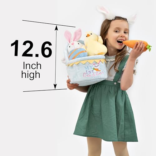 Image of My First Easter Basket Stuffed Plush Playset Baby's First Easter Basket Stuffed Cartoon Bunny Easter Egg Plush Basket for Kids 5pcs (Blue)