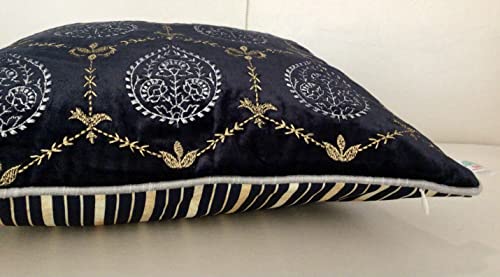 Image of TARA- Sparkling Homes 12 x 18 Inches Embroidered Velvet Cushion Covers, 'Padmini' from 'The Royal Collection', Set of 1 (Midnight Blue, 12 x 18 Inches)