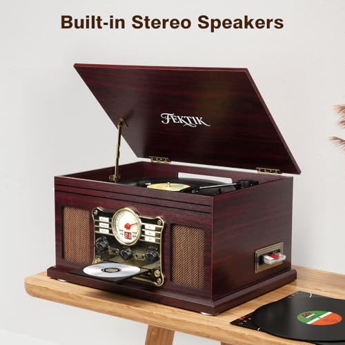 Image of FEKTIK Bluetooth Record Player 10 in 1, 3-Speed Belt-Drive Turntable with Speakers, Bluetooth Input & Output, CD, Cassette, FM Radio, Wireless Streaming