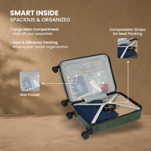 Image of SWISS MILITARY Pascal Hard 55cm Lightweight PC Small Cabin Travel Luggage Trolley Bag, Anti-Theft Zippers & 3-Dial Lock, 360 Wheels, Wet Pocket & Aluminium Trolley Handle Suitcase Capacity 51L-Olive