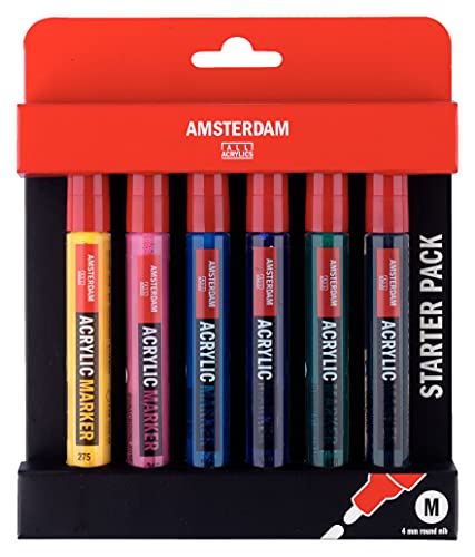 Amsterdam Rotuladores Acrílicos | Set Básico de 6 Colores | Rotuladores Permanentes de Pintura con Punta Redonda Mediana