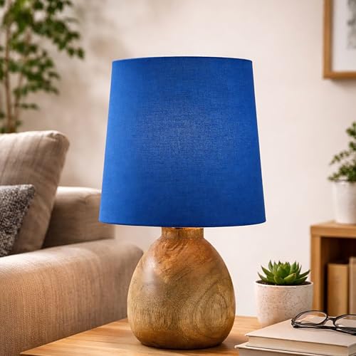Image of Wooden Bedside Table Lamp with Fabric Shade, Warm Ambient Light, Handmade Mango Wood Base, Rustic Farmhouse Design, Cute Dowel, 15 x 15 x 25 cm (Blue)