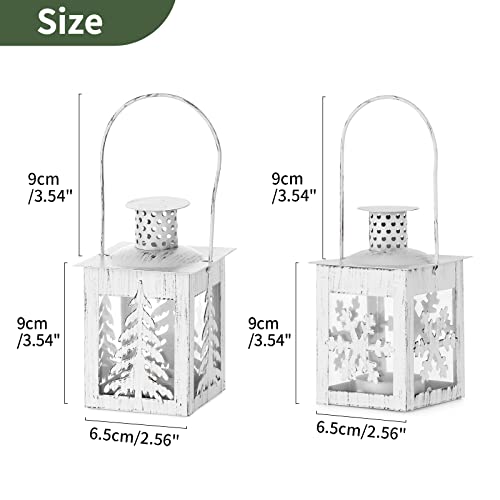 Nuptio Small Candle Lanterns Decorative White - 2 Pcs Hanging Tea Light Candle Holders Christmas Decorations Distressed Tealight Holders Outdoor Lanterns, Tree & Snowflake #TOP5