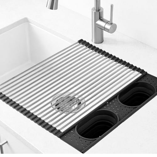 KOOTEC®️ Escurreplatos sobre Fregadero Plegable con 2 Cestas Abatibles Integradas de Silicona Cubiertos y Utensilios Cocina | Escurridor de Platos para Fregadero de Acero Inoxidable y Silicona (NEGRO)