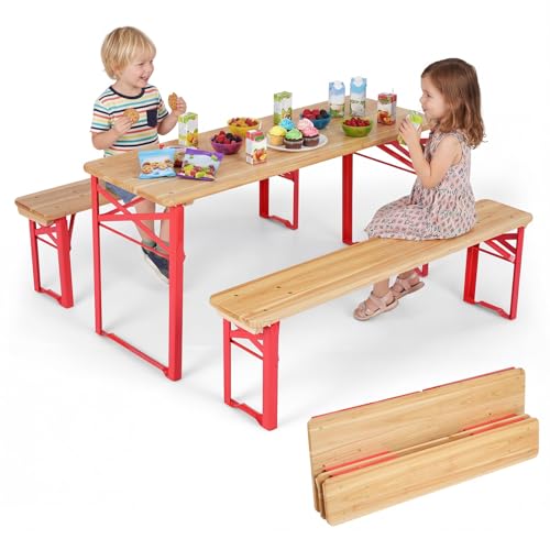 COSTWAY Kindersitzgruppe Outdoor Klappbar Kinder Picknicktisch Set mit 2 Sitzbänken Bierzeltgarnitur 110 cm aus Tannenholz mit Metallrahmen Kindersitzgarnitur für Garten Terrasse Camping