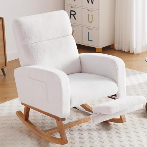 Image of HCHAIRH Rocking Chair Nursery with Foot Rest, Nursing Rocking Chairs for Mom Nursery, Teddy Rocker Glider Chair with High Backrest for Living Room, Bedroom, White