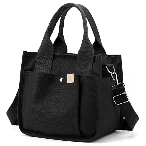 Small Canvas Tote Bag with Pockets for Women, Cute Mini Crossbody Shoulder Bags, Casual Satchel Purse Hobo Messenger Handbag