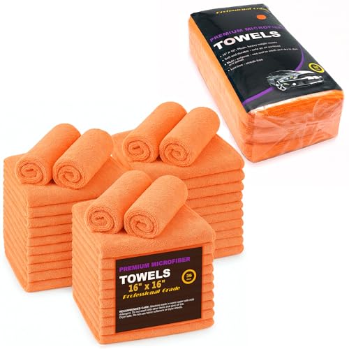 Large Microfiber Cleaning Towels, 36-Pack, Ultra Soft Plush Washcloths, Professional Grade Premium Microfiber Detailing Cleaning Cloth for Car, Household and Commercial (Orange, 16" x 16")