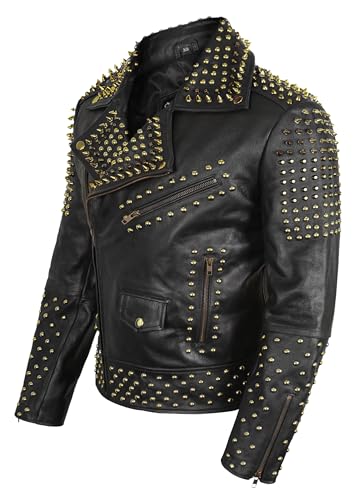 Image of Men's Studded Cowhide Leather Biker Jacket - Punk Rock Spiked Brando Coat